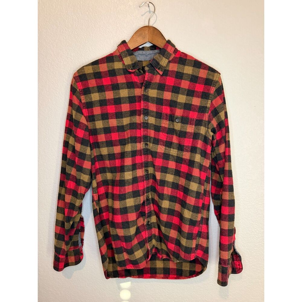 J.Crew Buffalo Plaid Flannel Shirt Men's M Red Black Suede Elbow Patch